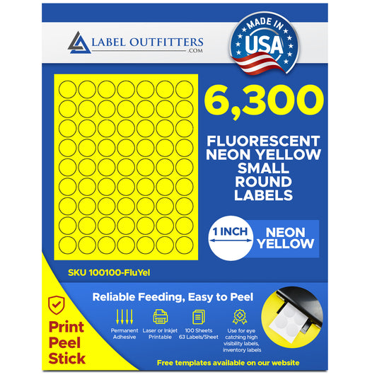 6,300 Fluorescent Yellow 1 inch Diameter Round LASER ONLY Labels, 63 Stickers per Sheet, 100 Sheets, 63 per Sheet,