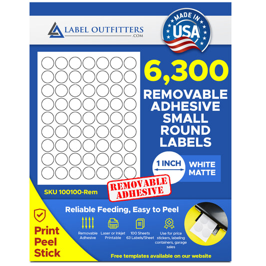 6,300 Round 1 inch Diameter Labels, use Uline® S-20176 Template White Matte Inkjet and Laser, Removable Adhesive , 100 Sheets