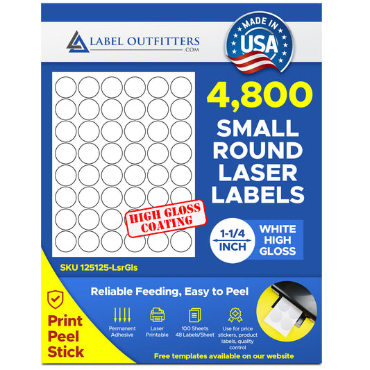 4,800 Round Labels 1-1/4 Diameter White Laser ONLY Glossy Labels - 100 Sheets