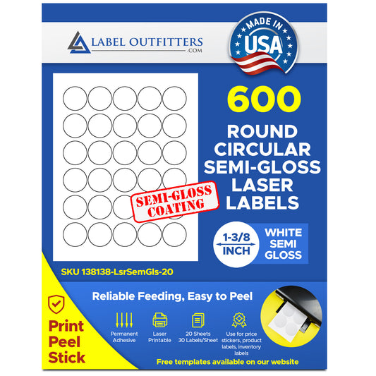 600 Laser Only Semi Gloss White Labels, 1-3/8 Round Stickers, 20 Sheets, 30 Labels per Sheet