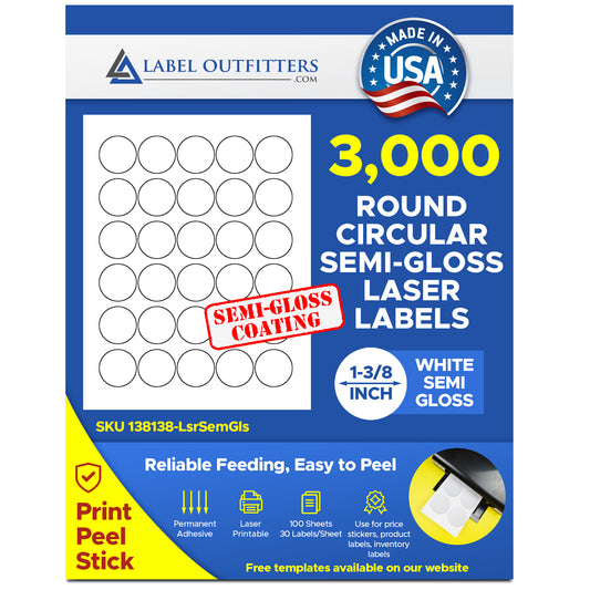 3,000 Laser Only Semi Gloss White Labels, 1-3/8" Round Stickers, 100 Sheets with 30 Labels per Sheet