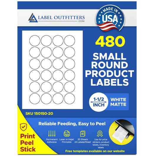 480 Round White Matte 1-1/2 inch Diameter Inkjet and Laser Labels - Stickers, 20 Sheets