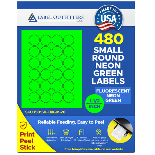 480 Fluorescent Neon Green Round Laser Only Labels, 1.5 inch Diameter, 24 Labels per Sheet, 20 Sheets