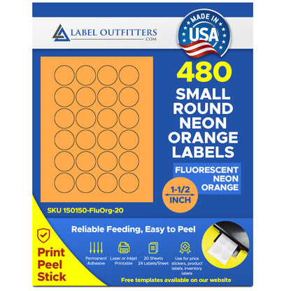 480 Fluorescent Neon Orange Round Laser ONLY Labels, 1-1/2 inch Diameter, 24 Labels per Sheet, 20 Sheets