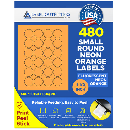 480 Fluorescent Neon Orange Round Laser ONLY Labels, 1-1/2 inch Diameter, 24 Labels per Sheet, 20 Sheets