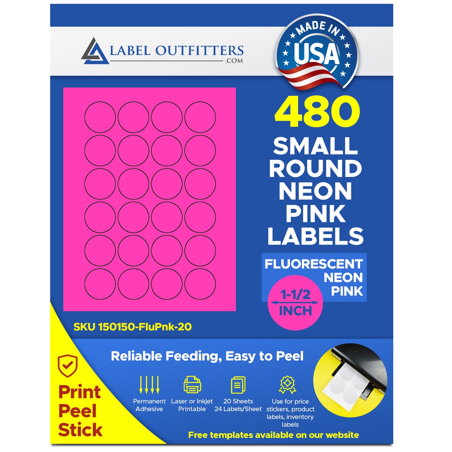 480 Fluorescent Neon Pink Round Labels, 1-1/2 inch Diameter, 24 Labels per Sheet, 20 Sheets