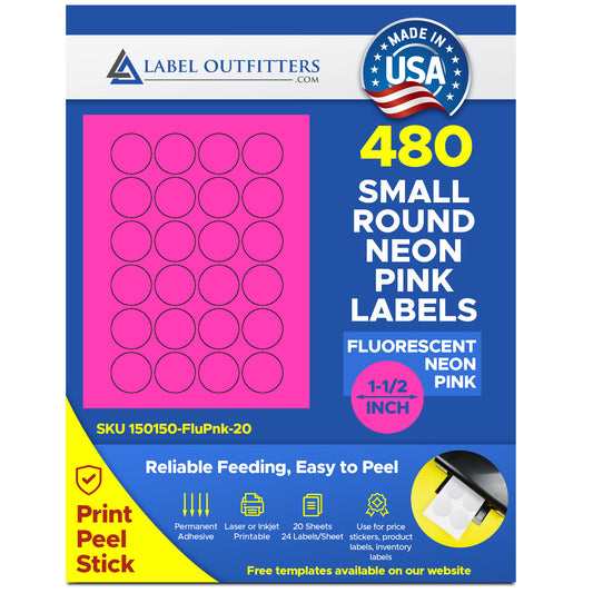 480 Fluorescent Neon Pink Round Labels, 1-1/2 inch Diameter, 24 Labels per Sheet, 20 Sheets
