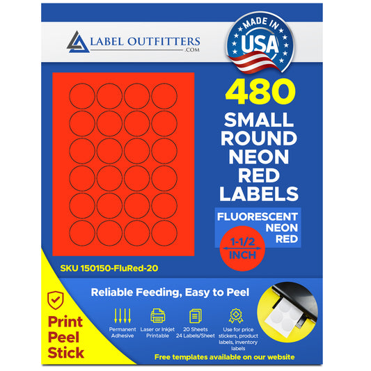 480 Fluorescent Neon Red Round Labels, Laser Only - 1.5 inch Diameter - 24 Labels per Sheet,  20 Sheets