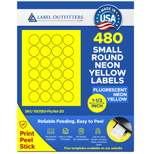480 Fluorescent Neon Yellow Round LASER ONLY Labels - 1-1/2 inch Diameter - 20 Sheets