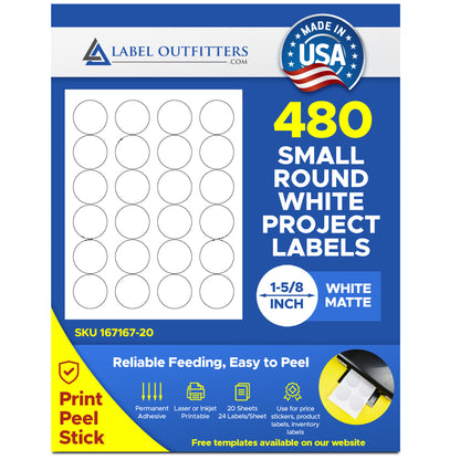 480 Round 1-5/8 Diameter White Matte Laser and Inkjet Labels or Stickers, use Avery® 5193, 5293 Template, 20 Sheets