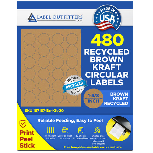 480 Round Laser and Inkjet, Permanent Adhesive, 1-5/8 inch Diameter, use Avery® 5293 Template, 20 Sheets