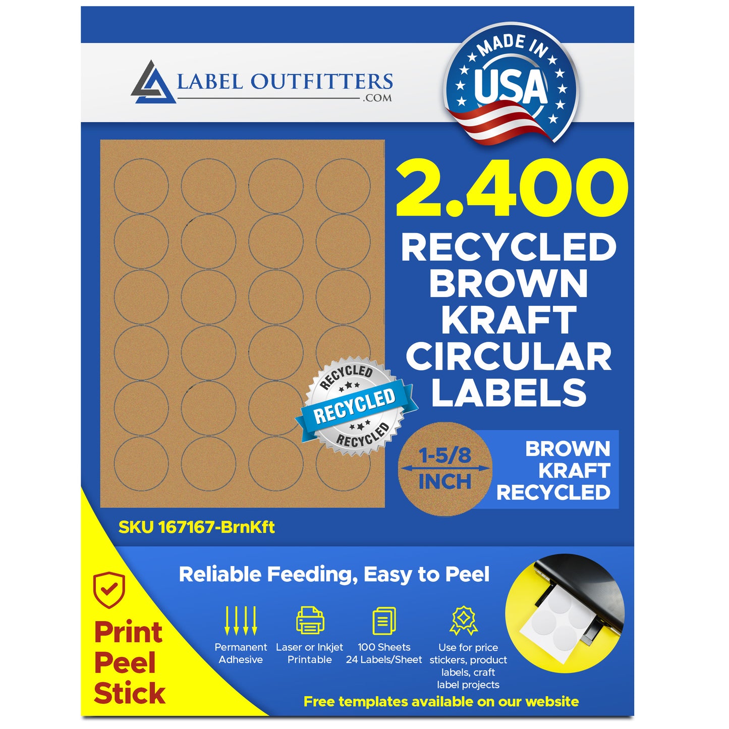 2,400 Brown Kraft Labels, 1-5/8 Diameter, Round, 100 Sheets use Avery® 5193, 5293 Template
