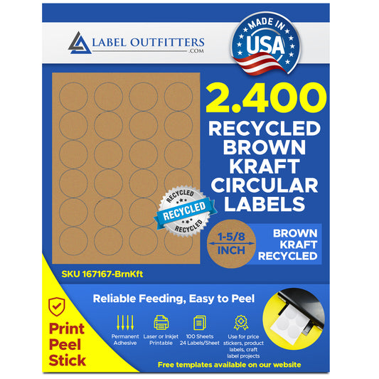 2,400 Brown Kraft Labels, 1-5/8 Diameter, Round, 100 Sheets use Avery® 5193, 5293 Template