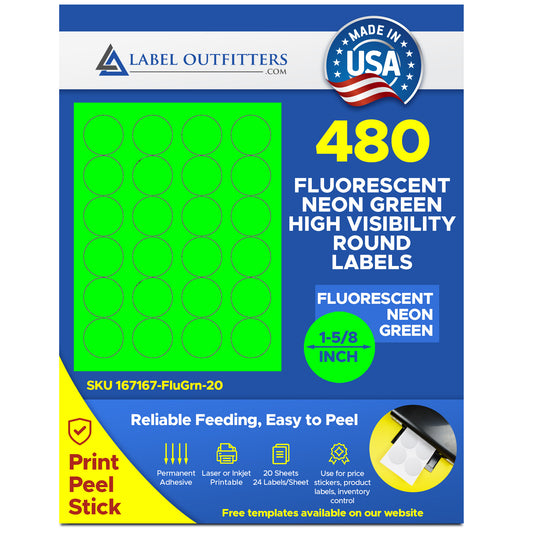 480 Fluorescent Neon Green Printable Labels, 1-5/8 inch Diameter Round, 20 Sheets use Avery® 5293 Template