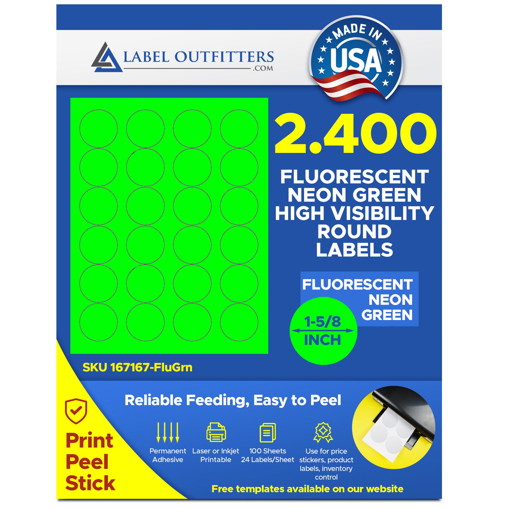 Neon Printable Labels 2,400 Printable Labels, 1-5/8 Round Fluorescent Green Labels, 100 Shee