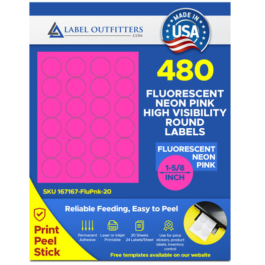 480 Fluorescent Pink Printable Stickers or Labels, 1-5/8 inch Diameter, 24 per Sheet, 20 Sheets use Avery® 5293 Template