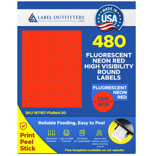 480 Round Red Neon Fluorescent Printable Labels, 1-5/8 Diameter, 24 Labels per Sheet, 20 Sheets use Avery® 5293 Template
