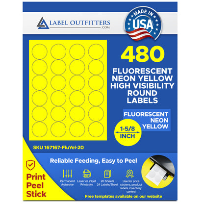 480 Fluorescent Neon Yellow Labels - 1-5/8 inch Diameter, 24 Labels per Sheet, 20 Sheets use Avery® 5293 Template