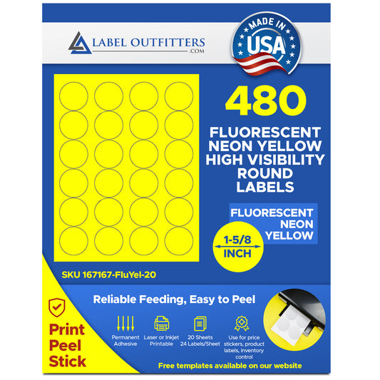 480 Fluorescent Neon Yellow Labels - 1-5/8 inch Diameter, 24 Labels per Sheet, 20 Sheets use Avery® 5293 Template