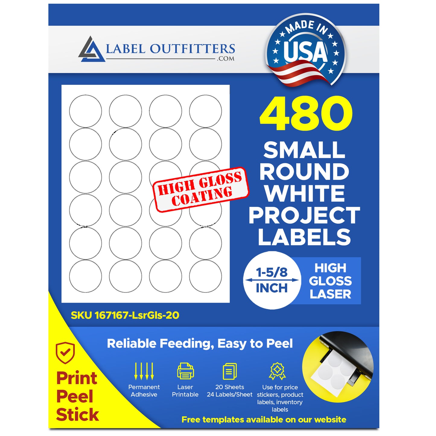 480 Labels 1-5/8 Round White Laser ONLY Glossy, 20 Sheets, 24 Laberls per Sheet, Avery® 5293 Template