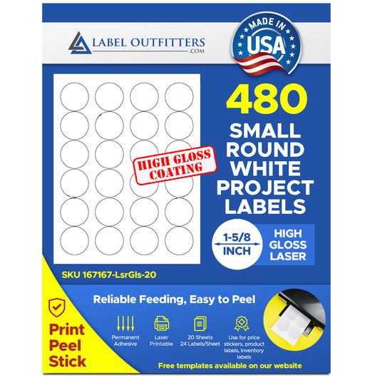 480 Labels 1-5/8 Round White Laser ONLY Glossy, 20 Sheets, 24 Laberls per Sheet, Avery® 5293 Template