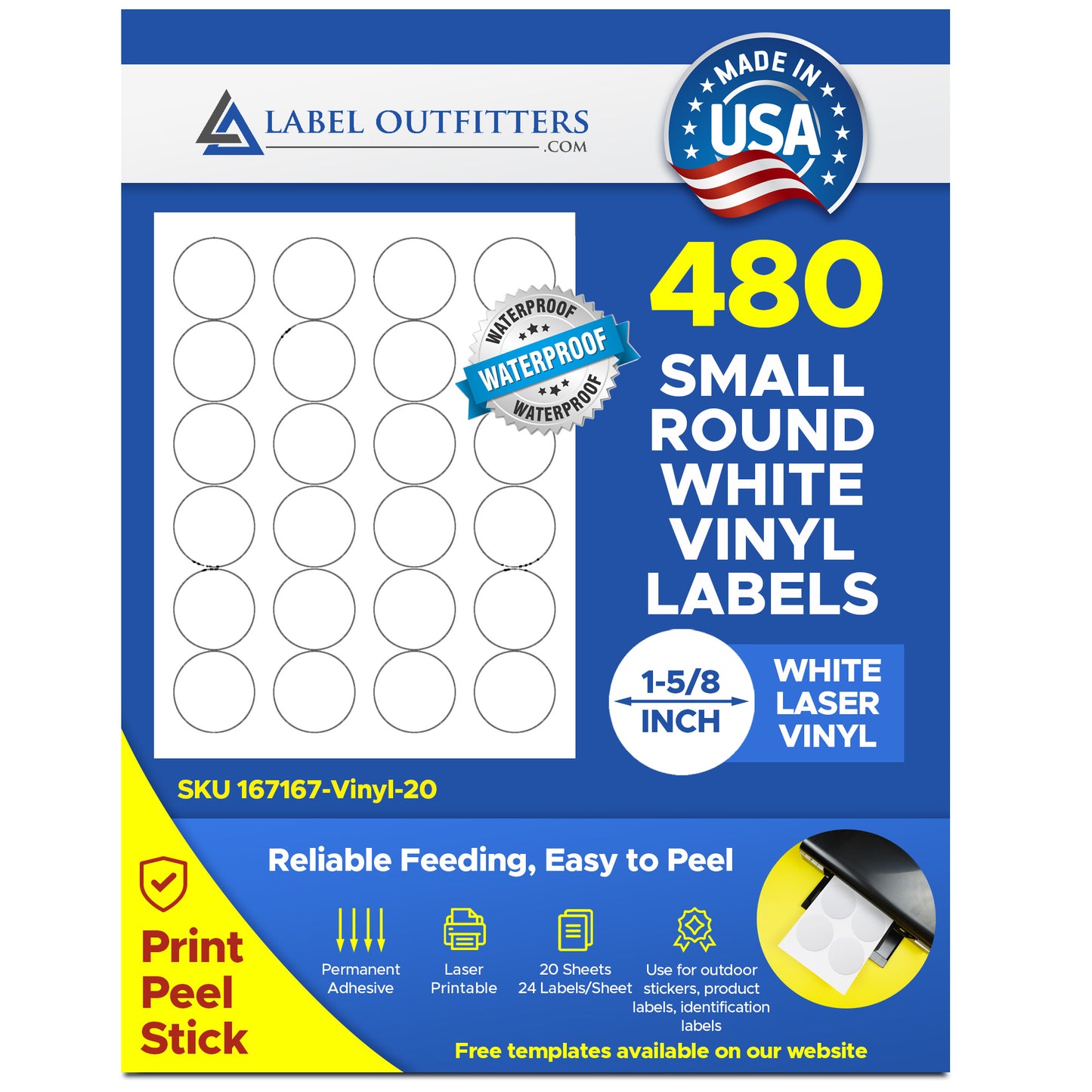 480 Vinyl Weather Proof - Water Proof Durable White Laser ONLY Round Labels, 1-5/8 Diameter Avery® 5293 Template, 24 Labels per Sheet, 20 Sheets