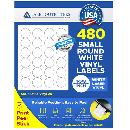 480 Vinyl Weather Proof - Water Proof Durable White Laser ONLY Round Labels, 1-5/8 Diameter Avery® 5293 Template, 24 Labels per Sheet, 20 Sheets