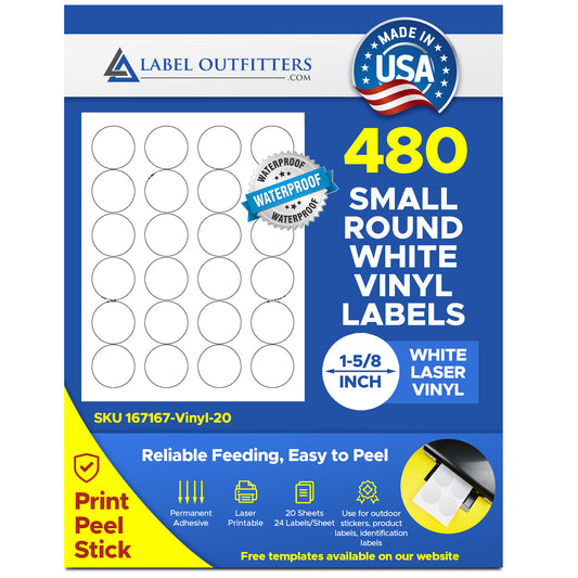 480 Vinyl Weather Proof - Water Proof Durable White Laser ONLY Round Labels, 1-5/8 Diameter Avery® 5293 Template, 24 Labels per Sheet, 20 Sheets
