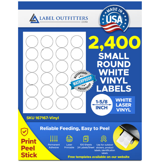 2,400 Vinyl WeatherProof - WaterProof Durable White Laser ONLY Round Labels, 1-5/8 inch Diameter, 24 Labels per Sheet Avery® 5293 Template  - 100 Sheets