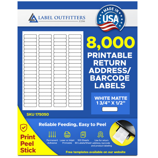 8,000 LabelOutfitters®  Return Address Labels, Matte White Stickers 1.75 x 0.5 use Avery® 5267, Compulabel® 310555 Template, 100 Sheets