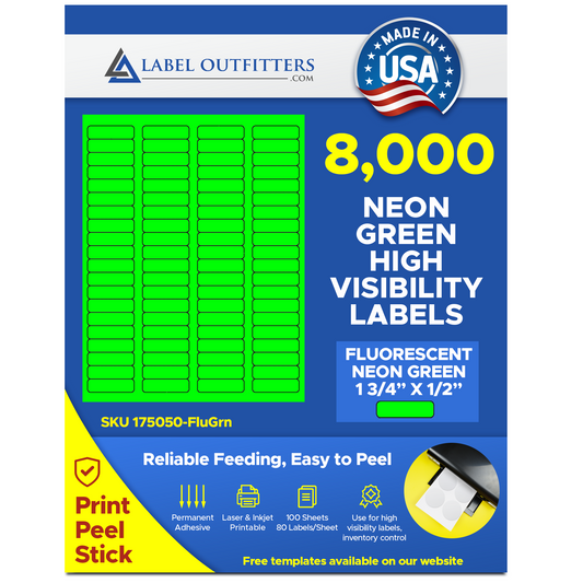 8,000 Fluorescent Green Labels,1.75 x 0.5, 100 Sheets with 80 Labels per Sheet, use Avery® 5267 Template Laser Printers Only