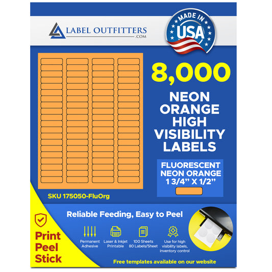 8,000 Fluorescent Orange Labels,1.75 x 0.5, 100 Sheets, 80 Labels per Sheet use Avery® 5267 Template Laser Printers Only