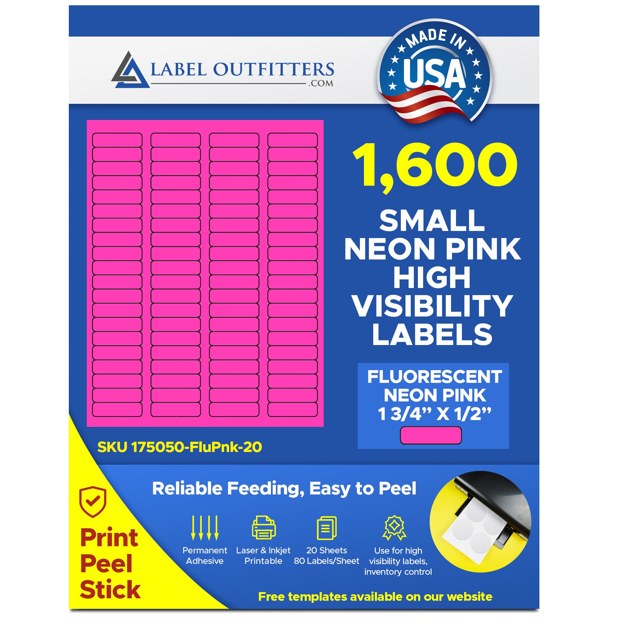 1,600 Fluorescent Neon Pink Labels, 1.75 x 0.5, 20 Sheets with 80 Labe