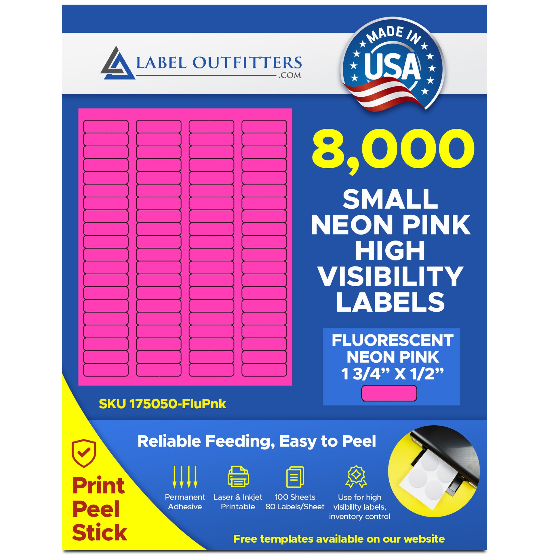 Pink Label Set 8,000 Fluorescent Neon Pink Labels, 1.75 x 0.5, 100 Sheets with 80 Lab