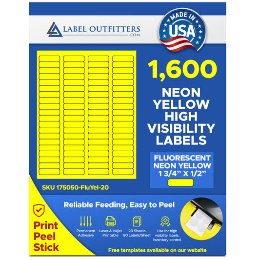 1,600 Fluorescent Neon Yellow Labels, 1.75 x 0.5, 20 Sheets with 80 Labels per Sheet, use Avery® 5267 Template Laser Printers Only