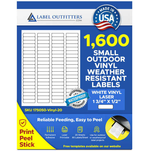 1,600 White Vinyl Laser ONLY Durable Labels WeatherProof and WaterProof, 1.75 x 0.5, use Avery® 5167 Template, 80 Labels per Sheet, 20 Sheets