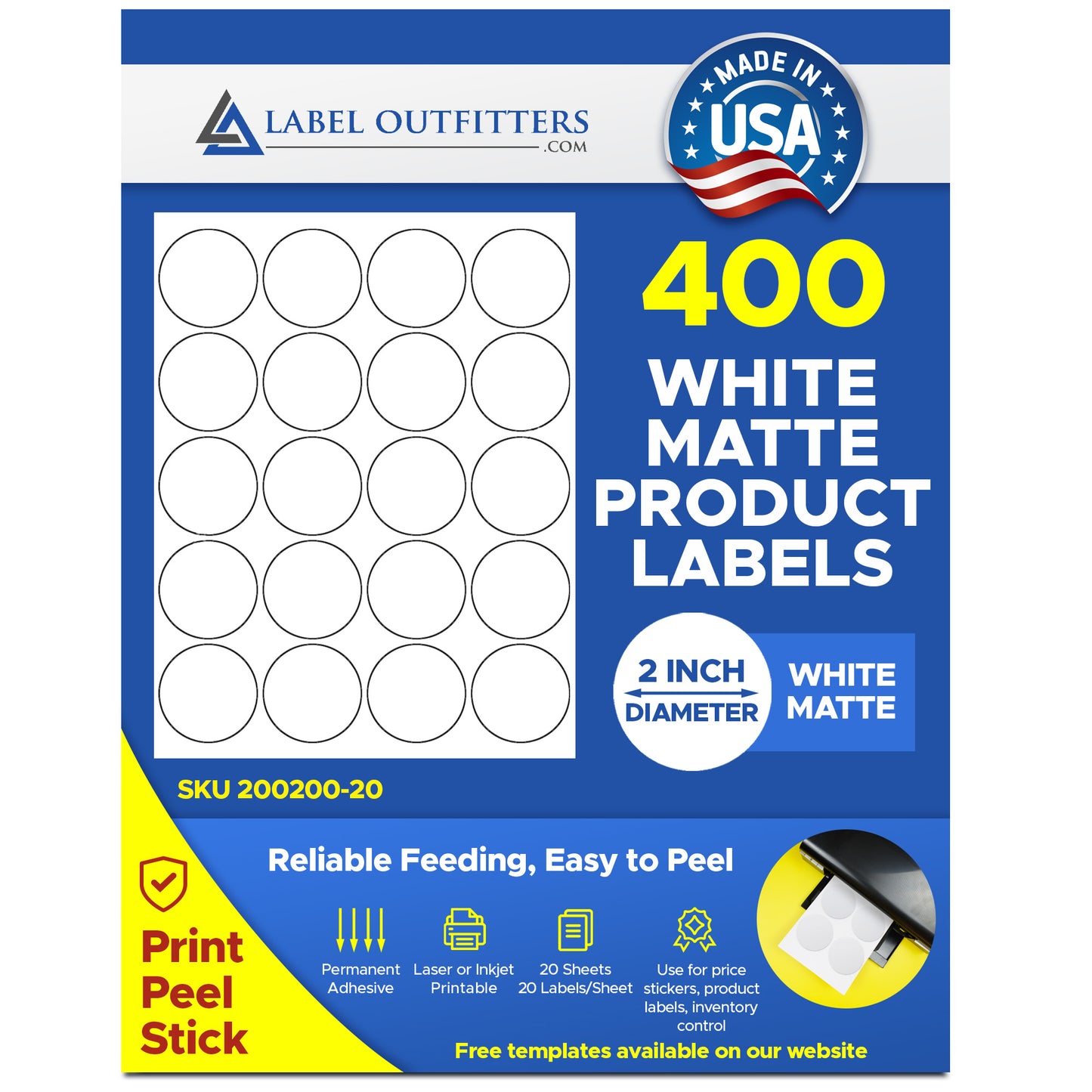 400 Round White Matte Labels 2 inch Diameter, Laser and Inkjet Printable, 20 Sheets with 20 Stickers per Sheet
