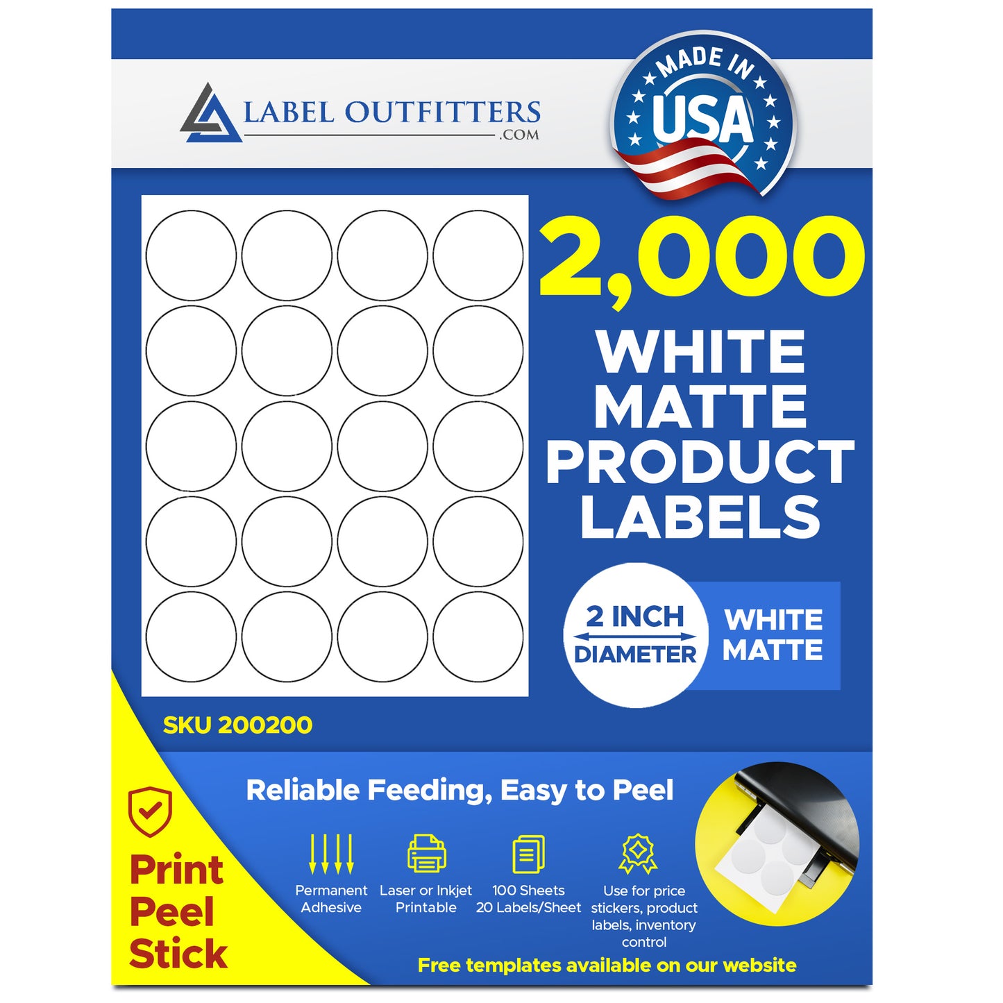2,000 Round White 2 inch Diameter Laser and Inkjet Printable Labels, 20 Stickers per Sheet 100 Sheets