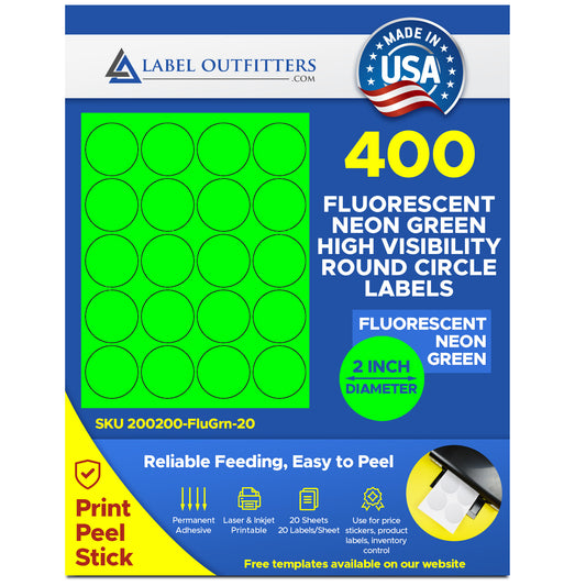 400 Round Labels 2 inch Diameter Fluorescent Neon Green Labels Laser Only 20 Sheets with 20 Labels per Sheet