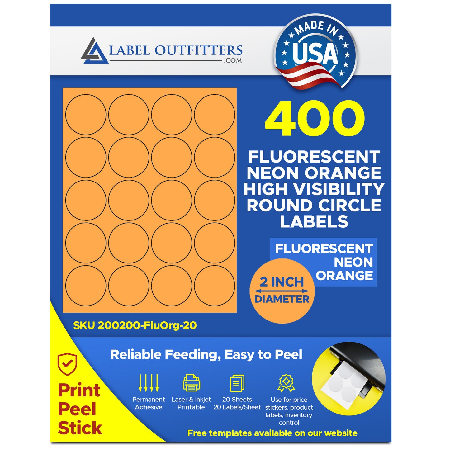 400 Round Neon High Visibility Orange Laser Only Labels, 2 inch Diameter, 20 Sheets with 20 Labels per Sheet