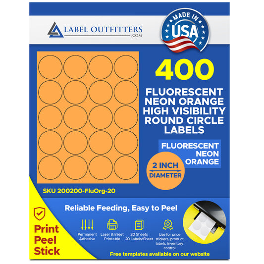 400 Round Neon High Visibility Orange Laser Only Labels, 2 inch Diameter, 20 Sheets with 20 Labels per Sheet