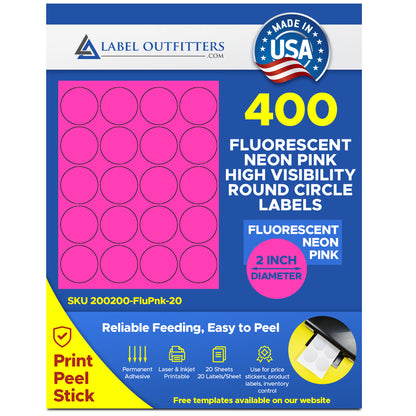 400 Round Neon High Visibility Hot Pink Laser Only Labels or Stickers, 2 inch Diameter, 20 Sheets