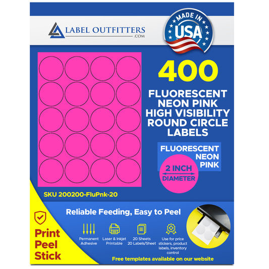 400 Round Neon High Visibility Hot Pink Laser Only Labels or Stickers, 2 inch Diameter, 20 Sheets
