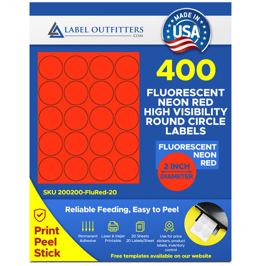 400 Round 2 inch Diameter Fluorescent Neon Red Laser Only Labels, 20 Sheets with 20 Labels per Sheet