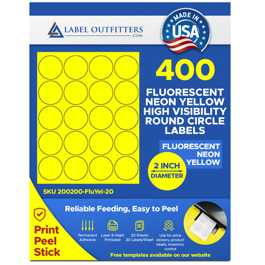 400 Neon Yellow Fluorescent Round Laser Only Labels 2 inch Diameter, 20 Sheets with 20 Labels per Sheet