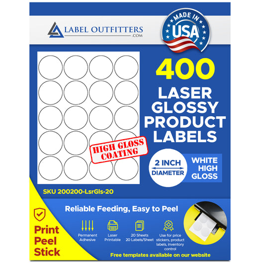 400 Laser ONLY Round Glossy White Labels, 2 inch Diameter, 20 Labels per Sheet, 20 Sheets