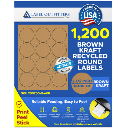 1,200 Recycled Brown Kraft Labels 2.5" Diameter 100 Sheets 12 Labels Per Sheet
