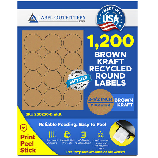 1,200 Recycled Brown Kraft Labels 2.5" Diameter 100 Sheets 12 Labels Per Sheet