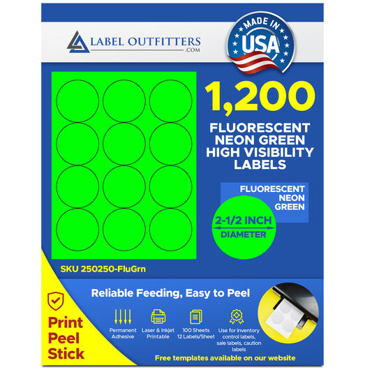 1,200 Fluorescent Neon Green Round Labels 2-1/2" Diameter 12 Labels Per Sheet 100 Sheets