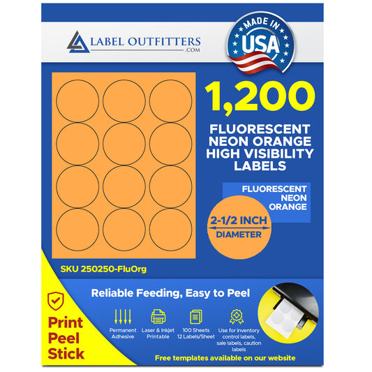 1,200 Fluorescent Neon Orange 2-1/2" Round Labels 12 Labels per Sheet 100 Sheets